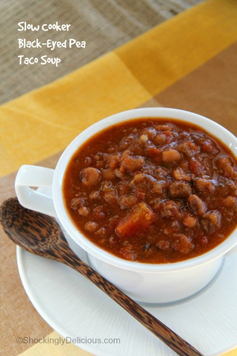 Slow Cooker Black-Eyed Pea Taco Soup | Crock-Pot Taco Soup recipe | ShockinglyDelicious.com