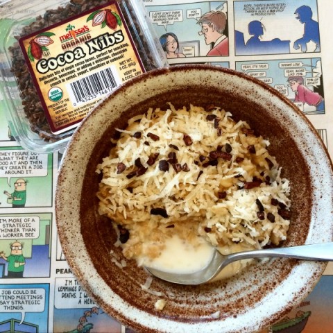 Cocoa Nibs and Coconut on Oatmeal for breakfast on ShockinglyDelicious.com