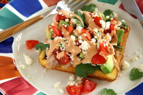 Cornbread Waffle with Chicken and Avocado and Spicy Sweet Crema on ShockinglyDelicious.com