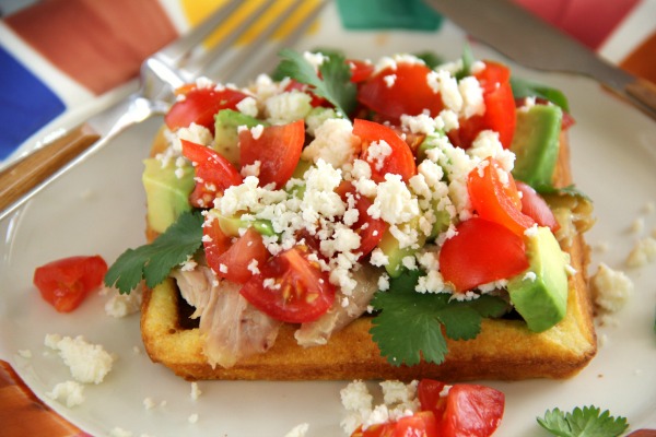 Cornbread Waffles with Chicken, Avocado and Sweet and Spicy Crema | Mexican Chicken and Waffle Dinner Recipe | ShockinglyDelicious.com