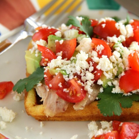 Cornbread Waffles with Chicken, Avocado and Sweet and Spicy Crema | Mexican Chicken and Waffle Dinner Recipe | ShockinglyDelicious.com