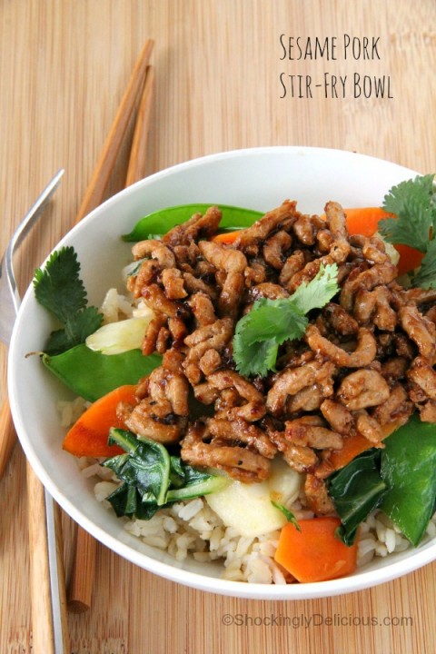 Sesame Pork Stir-Fry Bowl | easy skillet supper recipe with vegetables|ShockinglyDelicious.com