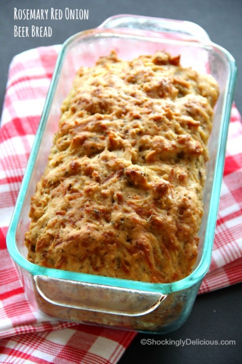 Rosemary Red Onion Beer Bread | Beer Bread recipe flavored with Parmesan and Rosemary | ShockinglyDelicious.com