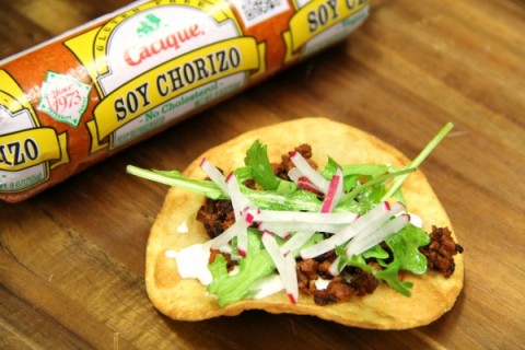 Tostadas with Chorizo Cotija and Crema Agria at Cacique