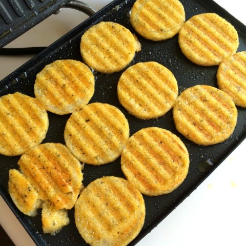 Polenta in the panini press for Panela Polenta Vegetable Bowl on ShockinglyDelicious.com