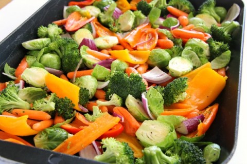 Vegetables ready to roast for Panela Polenta Vegetable Bowl on ShockinglyDelicious.com