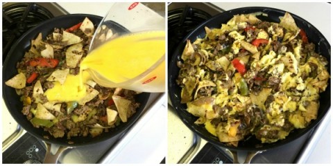 Adding eggs to the Beef Migas on ShockinglyDelicious.com