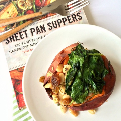 Baked Sweet Potatoes with Cannellinis and Baby Spinach from Sheet Pan Suppers cookbook on ShockinglyDelicious.com