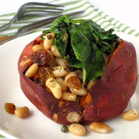 Baked Sweet Potatoes with Cannellinis and Baby Spinach on ShockinglyDelicious.com