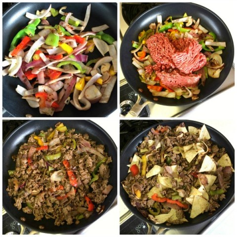 Preparing fajitas and beef for Beef Migas on ShockinglyDelicious.com