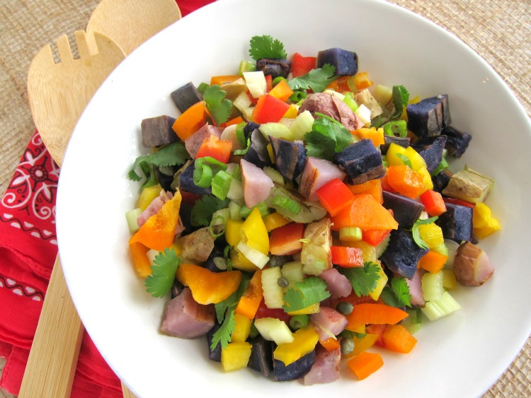 Grilled Rainbow Potato Salad | Easy Potato Salad recipe stuffed with colorful vegetables (vegan) | ShockinglyDelicious.com