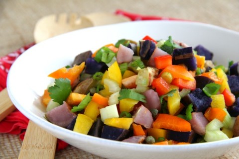 Grilled Rainbow Potato Salad | Easy Potato Salad recipe stuffed with colorful vegetables (vegan) | ShockinglyDelicious.com