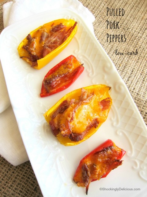 Pulled Pork Peppers | Low-carb lunch recipe with peppers, pulled pork and cheese | ShockinglyDelicious.com