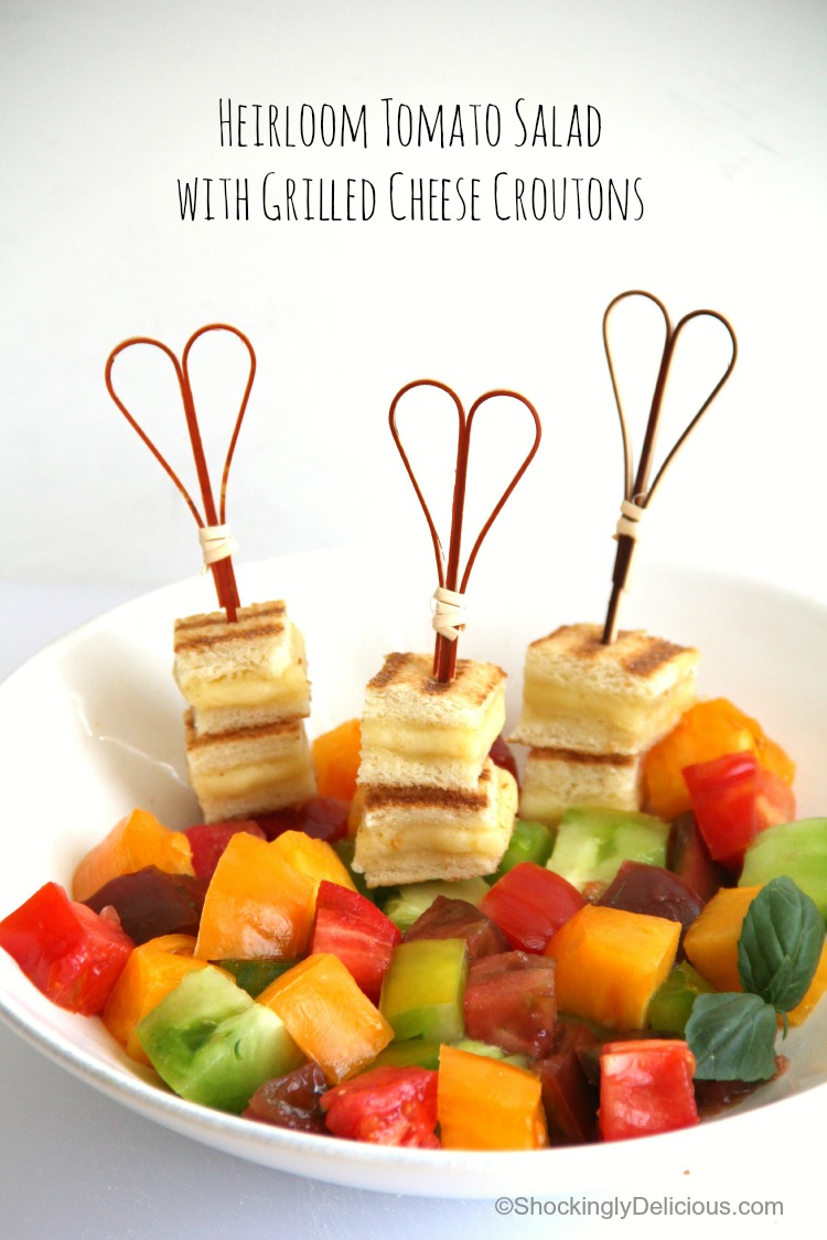 Heirloom Tomato Salad with Grilled Cheese Croutons | Summer's perfect tomato salad recipe | ShockinglyDelicious.com 