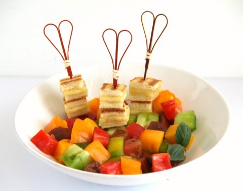 Heirloom Tomato Salad with Grilled Cheese Croutons on ShockinglyDelicious.com
