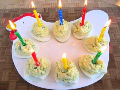 2-ingredient deviled eggs for a birthday on ShockinglyDelicious.com