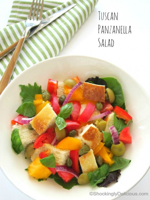 Tuscan Panzanella Salad in a white bowl on ShockinglyDelicious.com