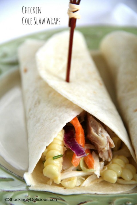 Chicken and a side of cole slaw sleep together cozily in a tortilla, for a zesty Chicken Cole Slaw Wrap perfect for lunch or dinner | ShockinglyDelicious.com 