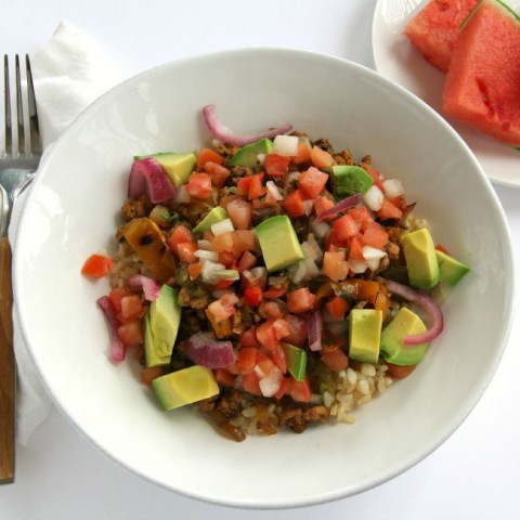 Light and lean Triple Hatch Chile Turkey Dinner Bowl Recipe using organic ground turkey | ShockinglyDelicious.com