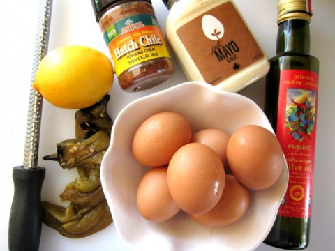 Ingredients for Triple Hatch Chile Deviled Eggs on ShockinglyDelicious.com