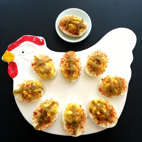 Triple Hatch Chile Deviled Eggs look like little footballs on ShockinglyDelicious.com