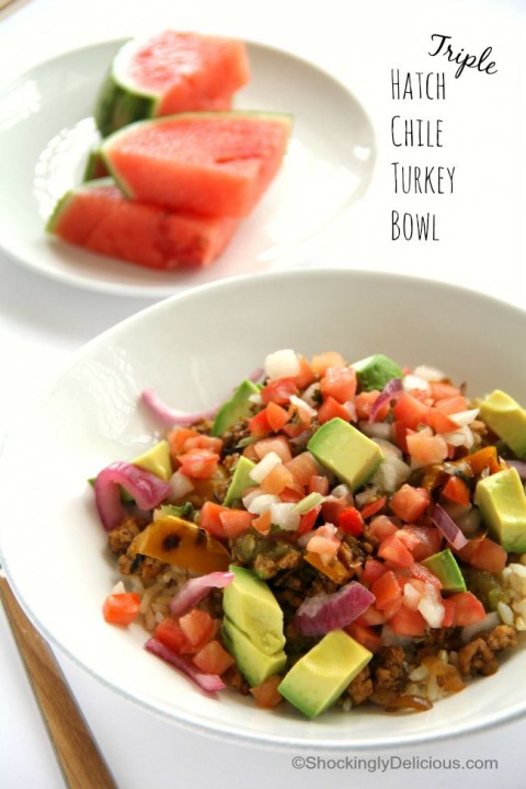 Light and lean Triple Hatch Chile Turkey Dinner Bowl Recipe using organic ground turkey | ShockinglyDelicious.com