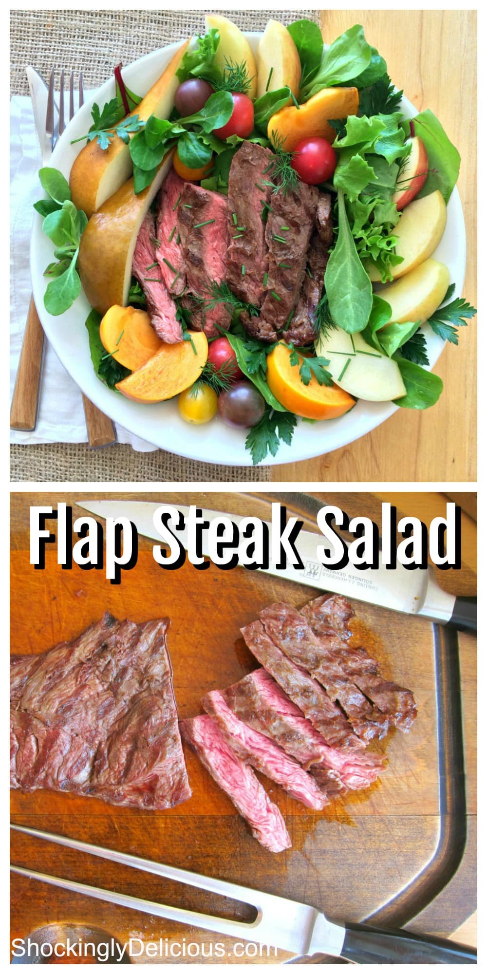 Photo collage of steak salad and grilled steak on a cutting board