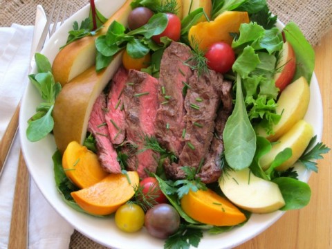 Thin, quick-grilling flap meat stars in a Flap Steak Salad Bowl that solves the weekday dinner problem. Tuck seasonal fruit in, and you have a satisfying, healthy meal. | ShockinglyDelicious.com 