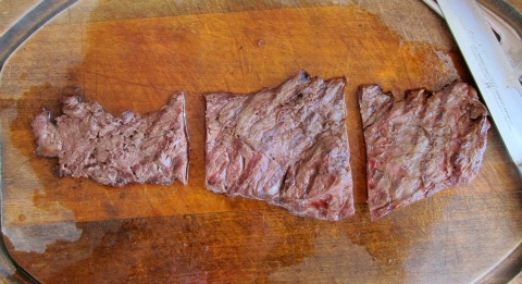 Steak cut into 3 sections after grilling on ShockinglyDelicious.com