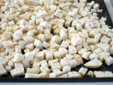 Bread cubes drying overnight on ShockinglyDelicious.com Bread cubes drying overnight on ShockinglyDelicious.com