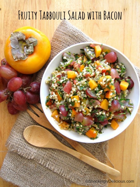 This hack for a tub of Trader Joe's Tabbouli morphs into Fast Fruity Tabbouli Salad & Bacon, sporting herbs, crunch, salt and sweetness, on ShockinglyDelicious.com.