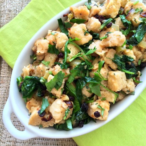 Rustic Herbed Stuffing with Greens recipe on ShockinglyDelicious.com