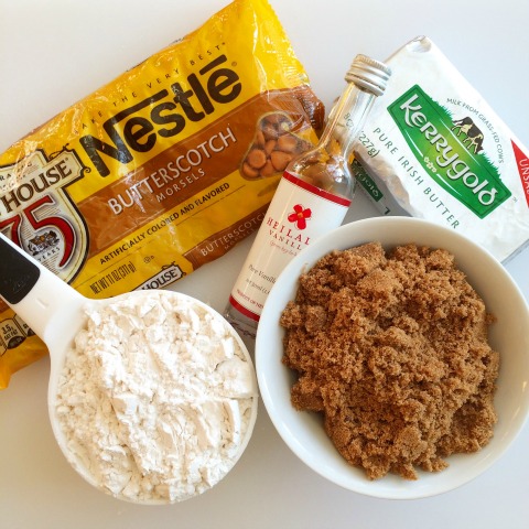 Ingredients for Butterscotch Pecan Shortbread Cookies on a white countertop on ShockinglyDelicious.com
