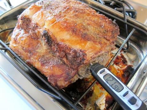 Meat thermometer testing prime rib roast on ShockinglyDelicious.com