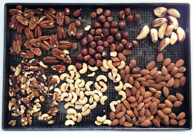 6 kinds of nuts on a baking sheet 