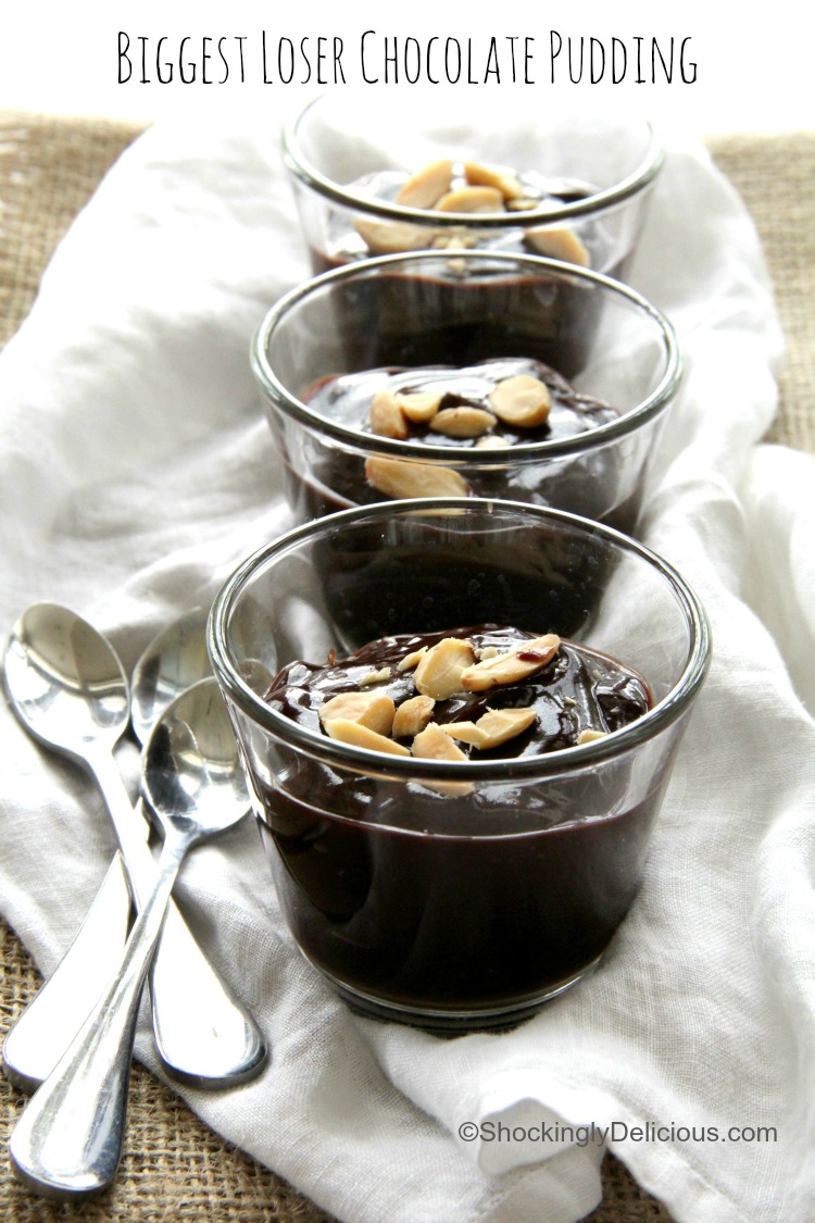 3 glass cups of Biggest Loser Vegan Chocolate Pudding with nuts on top and spoons alongside