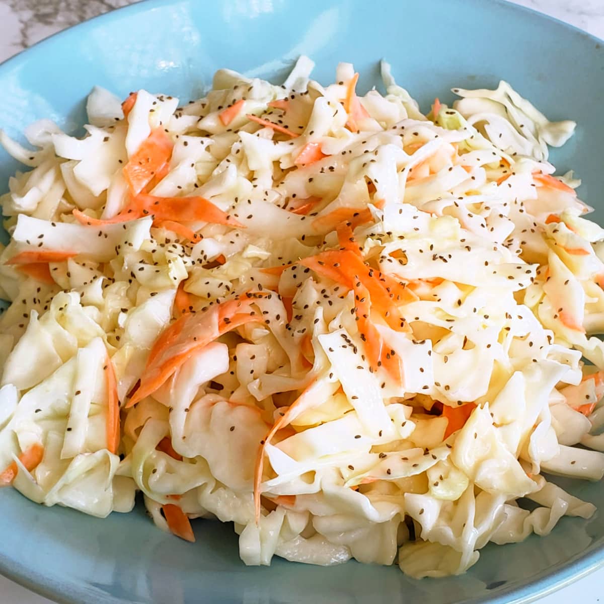 Chick-fil-A Cole Slaw with celery seed on top in a light blue bowl