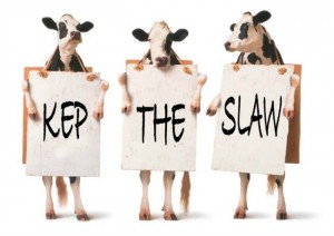3 Cows hold signs that say Kep the Slaw
