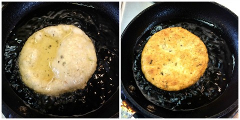 Fry the dough disc in olive oil and then flip it for Italian Fry Bread on ShockinglyDelicious.com