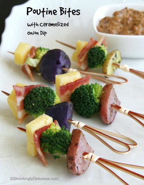 Poutine Bites recipe with Bacon, Broccoli, Cheddar and Caramelized Onion Dip on ShockinglyDelicious.com