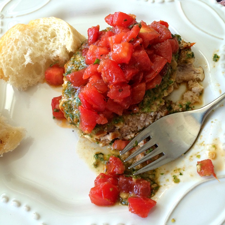 Turkey patty spread with pesto and Better Than Trader Joe's Bruschetta Sauce on ShockinglyDelicious.com