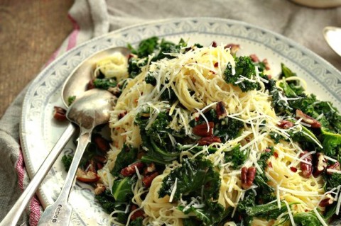 Angel Hair Pasta with Lemon, Kale and Pecans: Slightly bitter kale, bright lemon, crunchy pecans and spicy chili all combine in a pasta dish right at home in Southern California, from Irish chef Stuart O'Keeffe. | ShockinglyDelicious.com 