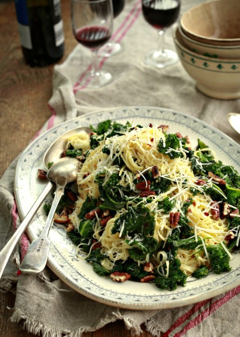 Angel hair with lemon, kale and pecans on Shockingly Delicious.com