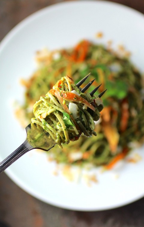 Edamame Spaghetti with Kale Cilantro Pesto recipe on ShockinglyDelicious.com blog