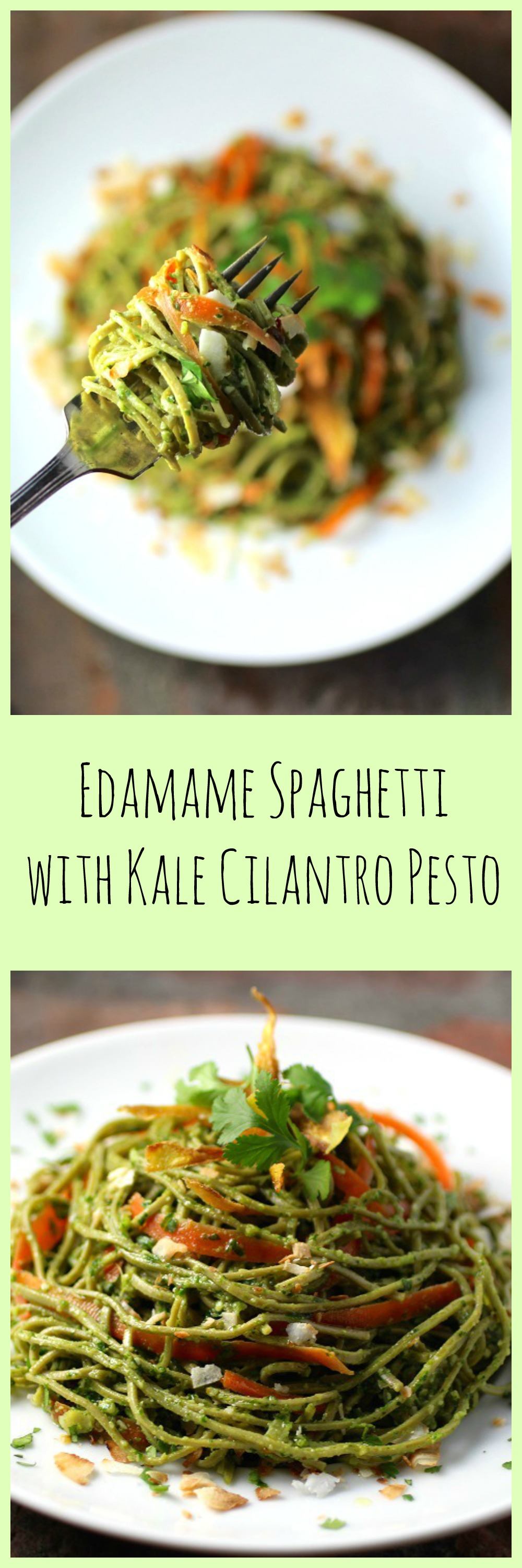 Nutritious spaghetti noodles made from edamame get dressed in a kale-cilantro pesto and topped with big flavors from coconut and ginger, for a vegetarian Edamame Spaghetti with Kale Cilantro Pesto. You can easily make it vegan, as well. | ShockinglyDelicious.com Edamame Spaghetti with Kale Cilantro Pesto to pin from ShockinglyDelicious.com