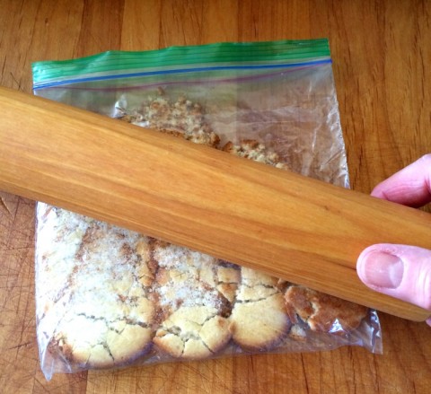 Crush the cookies in a zipper-top bag with a rolling pin on ShockinglyDelicious.com
