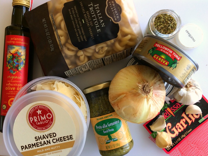 Ingredients for Tuna Pesto Pasta recipe on a white background on ShockinglyDelicious.com