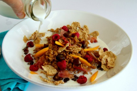 Chai Oatmeal with Bacon, Mango, Dates and Raspberries on ShockinglyDelicious.com