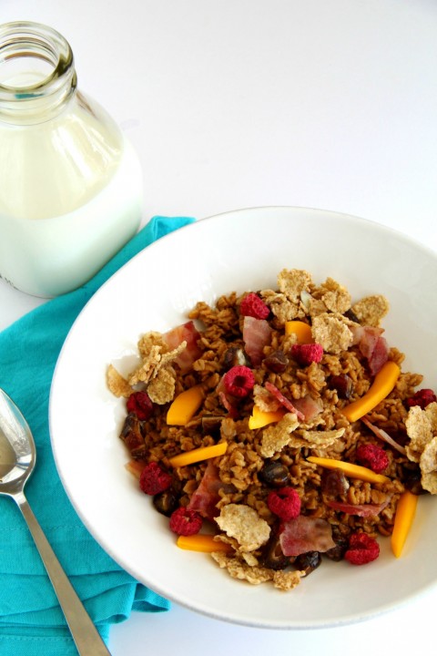 Easy Chai Oatmeal with Bacon, Mango, Dates and Raspberries on ShockinglyDelicious.com