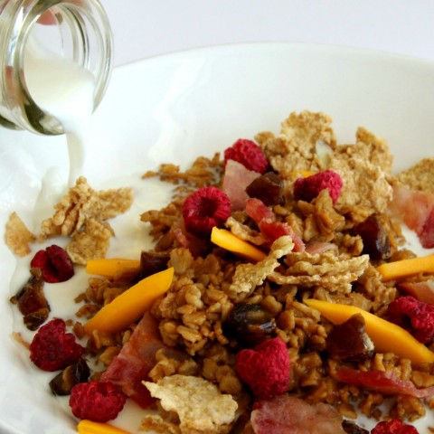 Night Cereal -- Chai Oatmeal with Bacon, Mango, Dates and Raspberries on ShockinglyDelicious.com